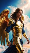 long brown hair male angel with golden armour in heaven.jpg